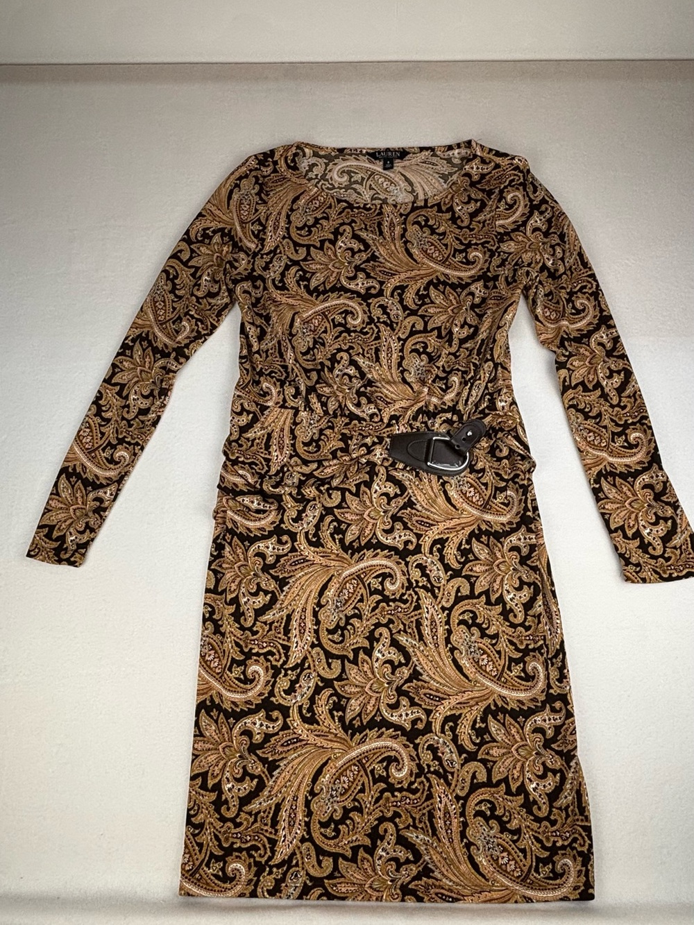 Lauren Ralph Lauren Black and Gold Paisley Long-Sleeve Dress with Belt